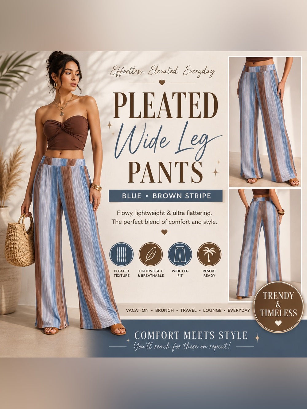 Pleated Wide Leg Pants Blue Brown Striped High Waist Flowy Resort Pants